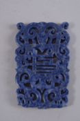A CHINESE PIERCED LAPIS TABLET. 3ins x 2ins.