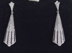 A GOOD PAIR OF 18CT WHITE GOLD AND DIAMOND ART DECO STYLE FAN SHAPED PENDANT EARRINGS.