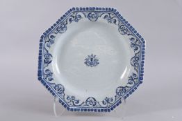 A GOOD BLUE AND WHITE OCTAGONAL CHARGER. 14ins.