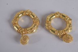 A PAIR OF VINTAGE CHRISTIAN LACROIX GILT METAL CIRCULAR EARRINGS. Signed.