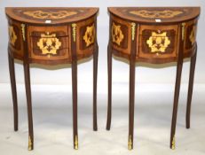 A PAIR OF LOUIS XVI STYLE INLAID HALF MOON BEDSIDE TABLES with two drawers, on curving legs. 2ft