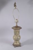 A GREEN PORCELAIN LAMP on gilt metal base. 17ins high.