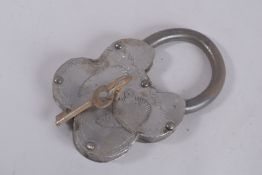 A CAST IRON PADLOCK AND KEY.