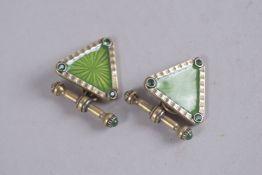 A PAIR OF RUSSIAN SILVER GREEN ENAMEL TRIANGULAR CUFFLINKS.