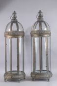 A PAIR OF METAL ROUND HANGING LANTERNS, 36ins high.
