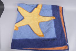 A LARGE HERMES BLUE AND YELLOW TOWEL. 56ins x 68ins.