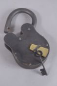 A CAST IRON PADLOCK AND KEY.
