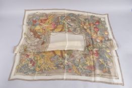 AN ASPREY'S SILK SCARF, ROSES AND FRUIT, MANTERO COLLECTION. 34ins x 34ins, in Asprey's box.