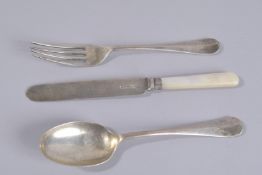 A WALKER & HALL OF SHEFFIELD SILVER CASED CHRISTENING SPOON, KNIFE AND FORK, 1932.