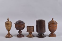 FIVE TREEN TURNED WOOD OBJECTS.