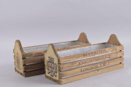 A SMALL PAIR OF HARRODS BOXES with tin liners. 14ins.