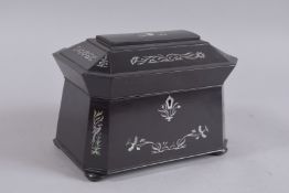 A VERY GOOD REGENCY ROSEWOOD TWO-SECTION TEA CADDY inlaid with mother-of-pearl. 9ins high.