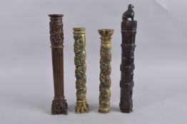 FOUR EARLY CARVED AND GILDED PILLARS AND PAIR OF FINIALS.