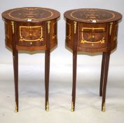 A PAIR OF LOUIS XVI STYLE INLAID OVAL BEDSIDE TABLES with two drawers, on curving legs. 2ft 4ins