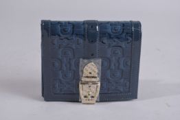 A GUCCI BLUE PATENT PURSE. 4.75ins x 4ins.