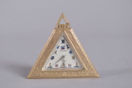 A SILVER GILT TRIANGULAR MASONIC POCKET WATCH.