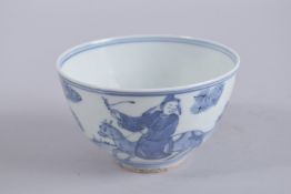 A 19TH CENTURY CHINESE BLUE AND WHITE PORCELAIN BOWL, painted with figure on horseback, six