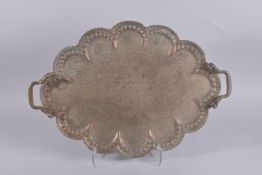 A VERY FINELY ENGRAVED 19TH CENTURY INDIAN KASHMIRI COPPER TRAY, with standing lions on each of