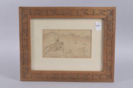 A FINE PERSIAN MINIATURE WATERCOLOUR PAINTING ON PAPER, depicting a hunting scene, further