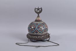 A FINE LARGE 19TH CENTURY SYRIAN DAMASCUS ENAMELLED COPPER OPENWORK HANGING MOSQUE LAMP, 34cm high.