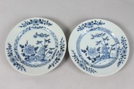 A PAIR OF CHINESE BLUE AND WHITE PORCELAIN PLATES, with floral designs, 23cm diameter.