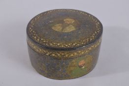 AN UNUSUAL 19TH CENTURY INDIAN KASHMIRI ROUND BOX, depicting Indian rulers and floral decoration,