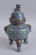 A CHINESE BLUE GROUND CLOISONNE TRIPOD CENSER AND COVER, 30cm high.
