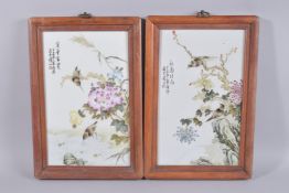 A PAIR OF CHINESE FAMILLE ROSE PORCELAIN PLAQUES, inset within wooden frames, 39cm x 26.5cm.