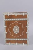 A FINE 19TH CENTURY ANGLO INDIAN VIZAGAPATAM IVORY MOUNTED SANDELWOOD BOOK BINDING, 31cm long.