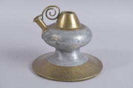 AN 18TH-19TH CENTURY INDIAN BRASS AND ZINC HUQQA BASE, 18cm high.
