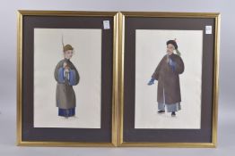 A VERY FINE PAIR OF CHINESE PAINTINGS ON PAPER, depicting a male and female figure wearing