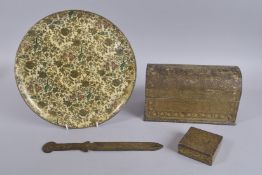 A COLLECTION OF FOUR INDIAN KASHMIRI LACQUERED ITEMS; a domed letter box, circular dish, page