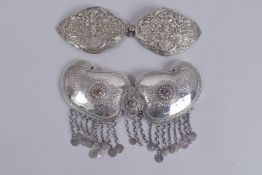 TWO LARGE FINE 19TH CENTURY OTTOMAN WHITE METAL BELT BUCKLES, (2).