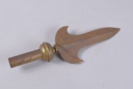 A 19TH-20TH CENTURY ISLAMIC BRASS FLAG FINIAL, 44cm high.