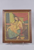 A LATE QAJAR OIL PAINTING ON CANVASS, depicting mother and child, framed, 60cm x 51cm overall.