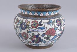 A LARGE 19TH CENTURY SYRIAN ENAMELLED COPPER BOWL, decorated with birds and flowers, 30cm diameter.