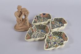A TURKISH POTTERY FIGURE OF A MUSICIAN, together with four Armenian dishes, (5).