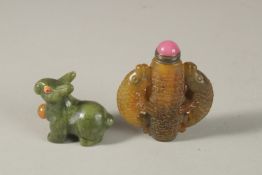 A FINE CHINESE CARVED JADE RABBIT FORMED SNUFF BOTTLE, together with a carved jade snuff bottle with