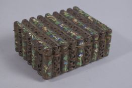 AN ENAMELLED OPENWORKED METAL RECTANGULAR BOX, 11.5cm wide.