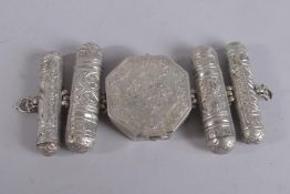 A 19TH CENTURY PERSIAN QAJAR SILVER LARGE AMULET CASE SET, 17cm wide.