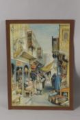 A LARGE PAINTING ON PAPER OF A MIDDLE EASTERN STREET SCENE, 55.3cm x 40.5cm.