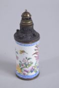 A CHINESE ENAMELLED COPPER SNUFF BOTTLE, painted with fruit, butterflies, and flora, 9cm high.
