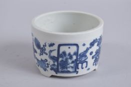 A CHINESE BLUE AND WHITE PORCELAIN BRUSH POT, painted with various objects, base with character
