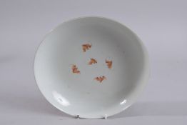 A CHINESE YELLOW GROUND FAMILLE ROSE PORCELAIN DISH, the centre painted with five bats, exterior