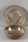 A LARGE PERSIAN FINELY ENGRAVED WHITE METAL BOWL AND DISH, bowl 33cm diameter, dish 41.5cm diameter,
