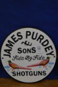 A novelty cast iron James Purdy & Sons shotgun sign.