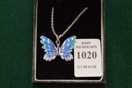 A sterling silver and enamel butterfly pendant and chain.