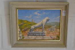 Ernest Knight, classical statues on a Greek hillside, oil on board, signed.
