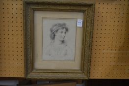 Matthew Houghton, head and shoulders portrait of a young lady, pen and pencil drawing in a