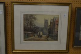 View of a cathedral from a side street, watercolour.